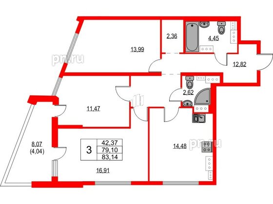 Квартира в ЖК Лайнеръ, 3 комнатная, 83.14 м², 13 этаж