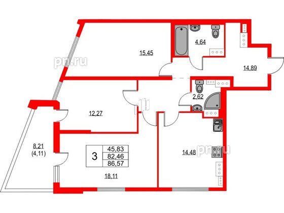 Квартира в ЖК Лайнеръ, 3 комнатная, 86.57 м², 14 этаж