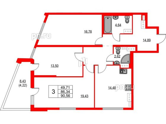 Квартира в ЖК Лайнеръ, 3 комнатная, 90.56 м², 15 этаж