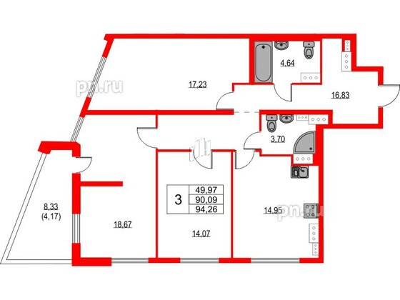 Квартира в ЖК Лайнеръ, 3 комнатная, 94.26 м², 16 этаж