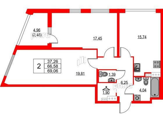 Квартира в ЖК «Лайнеръ», 2 комнатная, 69.06 м², 10 этаж