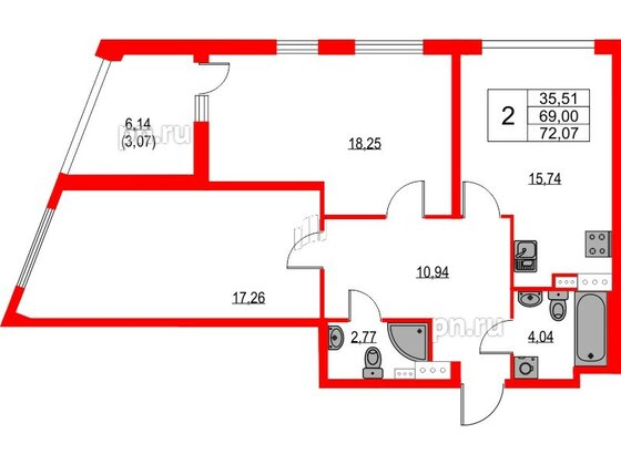 Квартира в ЖК «Лайнеръ», 2 комнатная, 72.07 м², 11 этаж