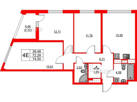 Квартира в ЖК Лайнеръ, 3 комнатная, 74.5 м², 12 этаж