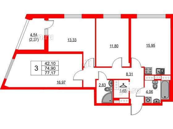 Квартира в ЖК Лайнеръ, 3 комнатная, 77.17 м², 13 этаж