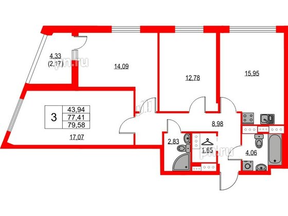 Квартира в ЖК Лайнеръ, 3 комнатная, 79.58 м², 14 этаж