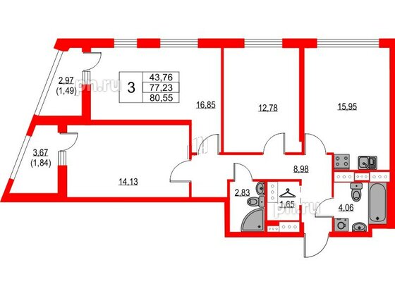 Квартира в ЖК Лайнеръ, 3 комнатная, 80.55 м², 15 этаж