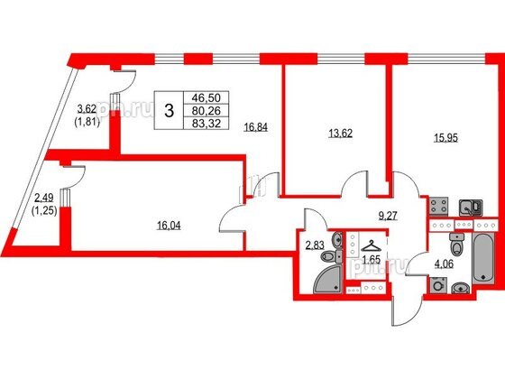 Квартира в ЖК Лайнеръ, 3 комнатная, 83.32 м², 16 этаж