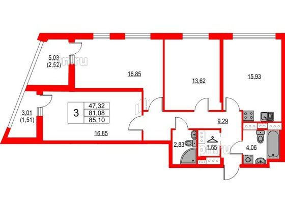 Квартира в ЖК Лайнеръ, 3 комнатная, 85.1 м², 17 этаж