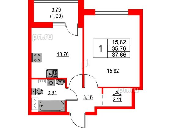 Квартира в ЖК Лайнеръ, 1 комнатная, 37.66 м², 10 этаж