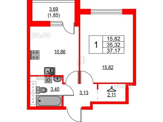 Квартира в ЖК Лайнеръ, 1 комнатная, 37.17 м², 12 этаж