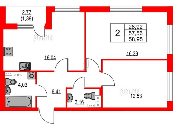 Квартира в ЖК Лайнеръ, 2 комнатная, 58.95 м², 3 этаж