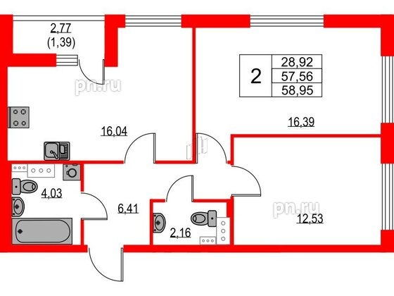 Квартира в ЖК Лайнеръ, 2 комнатная, 58.95 м², 5 этаж