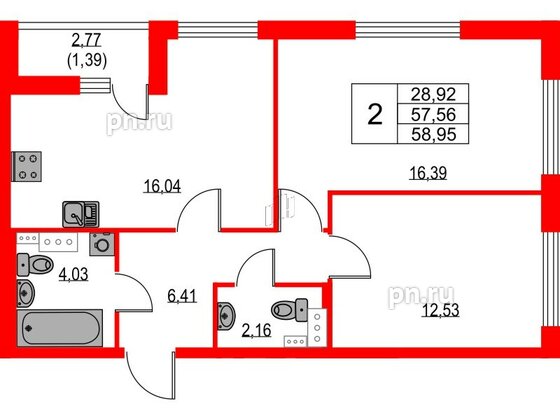 Квартира в ЖК Лайнеръ, 2 комнатная, 58.95 м², 10 этаж