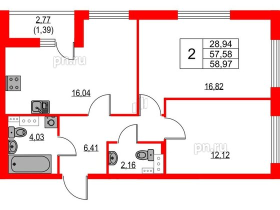 Квартира в ЖК Лайнеръ, 2 комнатная, 58.97 м², 11 этаж