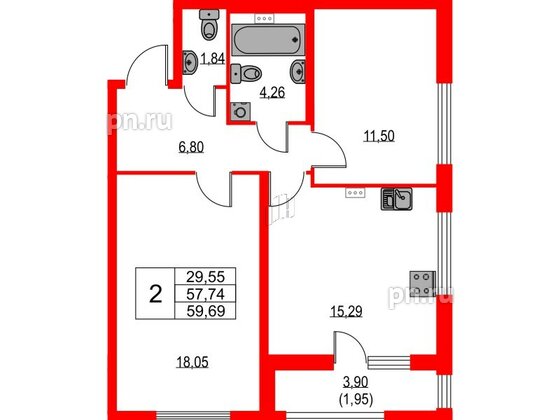 Квартира в ЖК Лайнеръ, 2 комнатная, 59.69 м², 2 этаж