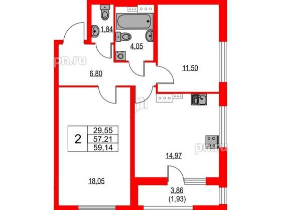 Квартира в ЖК Лайнеръ, 2 комнатная, 59.14 м², 3 этаж