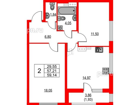 Квартира в ЖК Лайнеръ, 2 комнатная, 59.14 м², 5 этаж