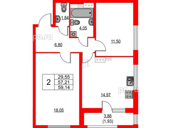 Квартира в ЖК Лайнеръ, 2 комнатная, 59.14 м², 8 этаж