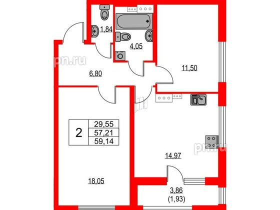 Квартира в ЖК Лайнеръ, 2 комнатная, 59.14 м², 9 этаж