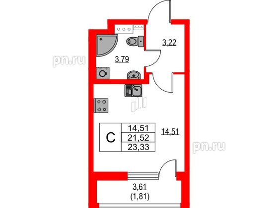 Квартира в ЖК Лайнеръ, студия, 23.33 м², 3 этаж