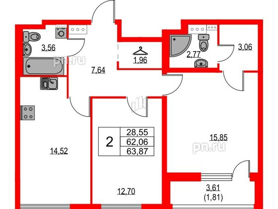 Квартира в ЖК Лайнеръ, 2 комнатная, 63.87 м², 8 этаж