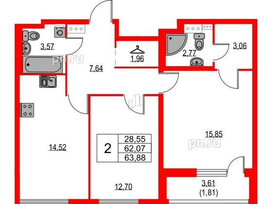 Квартира в ЖК Лайнеръ, 2 комнатная, 63.88 м², 9 этаж