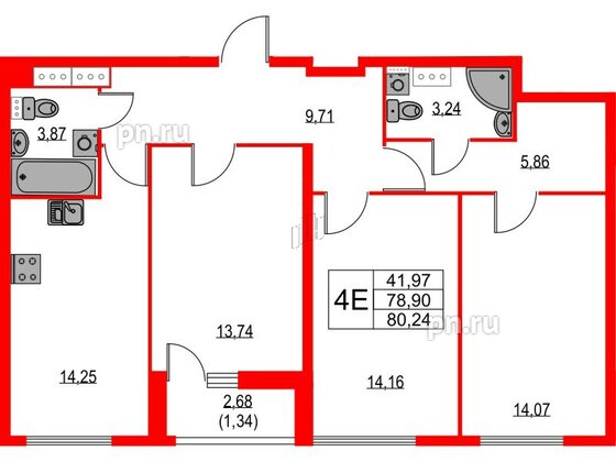 Квартира в ЖК Лайнеръ, 3 комнатная, 80.24 м², 12 этаж