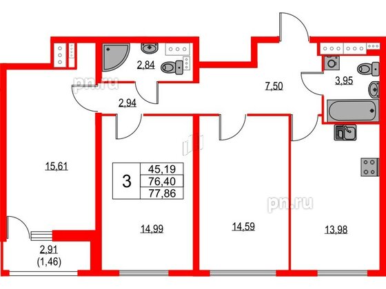 Квартира в ЖК Лайнеръ, 3 комнатная, 77.86 м², 13 этаж