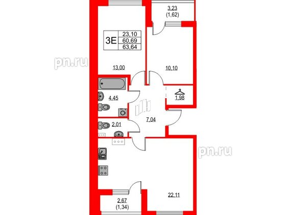 Квартира в ЖК Лайнеръ, 2 комнатная, 63.64 м², 3 этаж