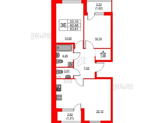 Квартира в ЖК Лайнеръ, 2 комнатная, 63.61 м², 4 этаж