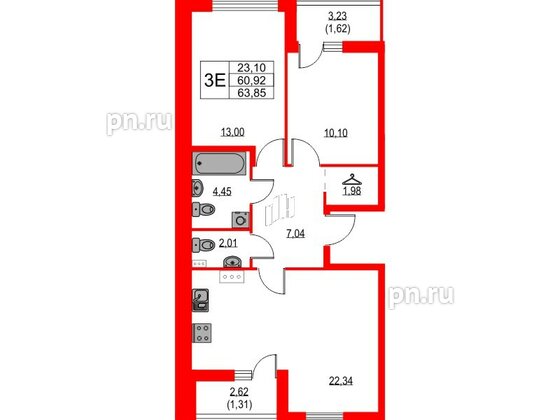 Квартира в ЖК Лайнеръ, 2 комнатная, 63.85 м², 5 этаж