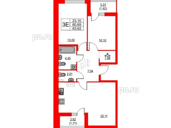 Квартира в ЖК Лайнеръ, 2 комнатная, 63.62 м², 7 этаж