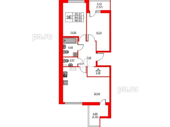 Квартира в ЖК Лайнеръ, 2 комнатная, 68.53 м², 8 этаж