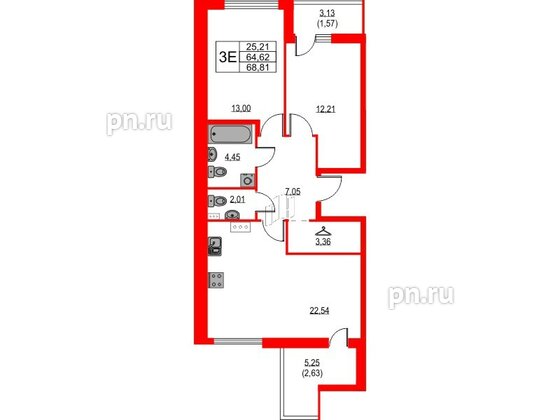 Квартира в ЖК Лайнеръ, 2 комнатная, 68.81 м², 9 этаж