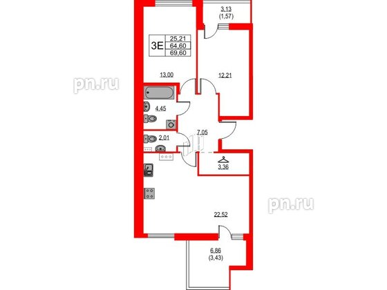 Квартира в ЖК Лайнеръ, 2 комнатная, 69.6 м², 10 этаж