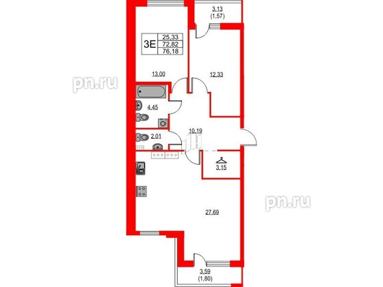 Квартира в ЖК Лайнеръ, 2 комнатная, 76.18 м², 11 этаж