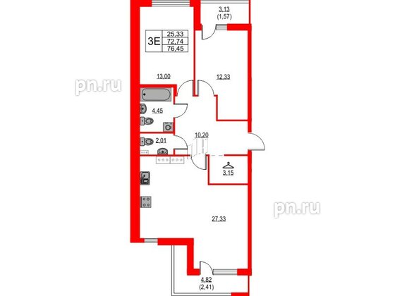 Квартира в ЖК Лайнеръ, 2 комнатная, 76.45 м², 12 этаж