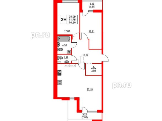 Квартира в ЖК Лайнеръ, 2 комнатная, 76.2 м², 13 этаж