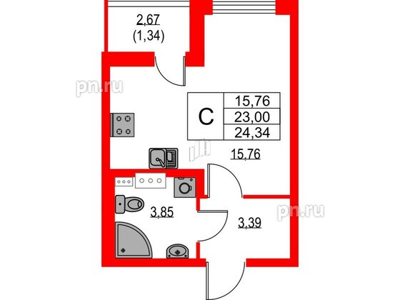 Квартира в ЖК Лайнеръ, студия, 24.34 м², 7 этаж