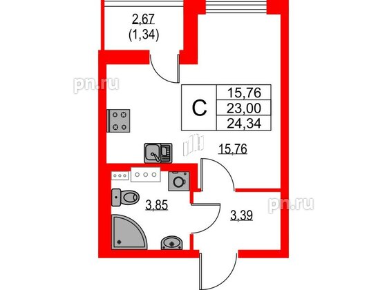 Квартира в ЖК Лайнеръ, студия, 24.34 м², 10 этаж