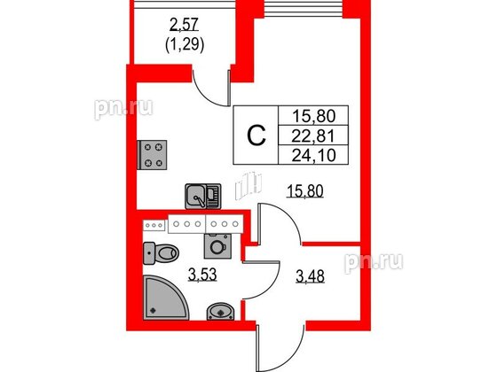 Квартира в ЖК Лайнеръ, студия, 24.1 м², 12 этаж