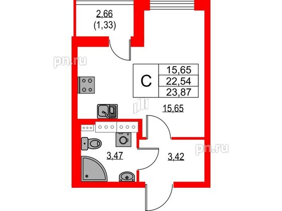 Квартира в ЖК Лайнеръ, студия, 23.87 м², 13 этаж