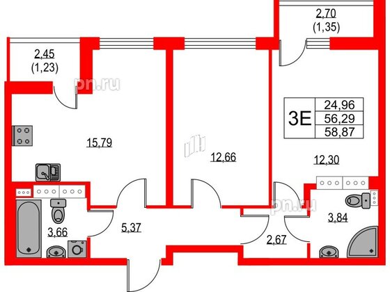 Квартира в ЖК Лайнеръ, 2 комнатная, 58.87 м², 14 этаж