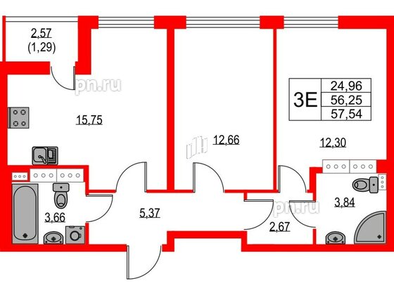 Квартира в ЖК Лайнеръ, 2 комнатная, 57.54 м², 15 этаж