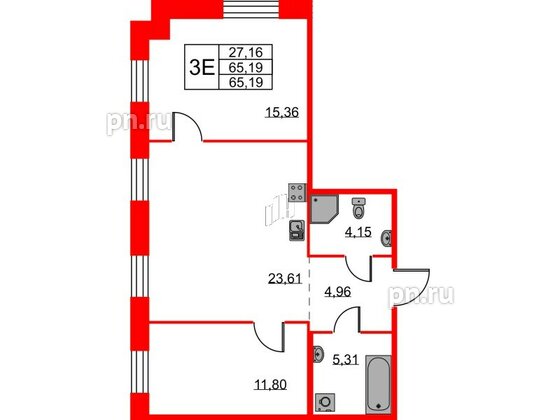 Квартира в ЖК ID Светлановский, 2 комнатная, 65.19 м², 2 этаж