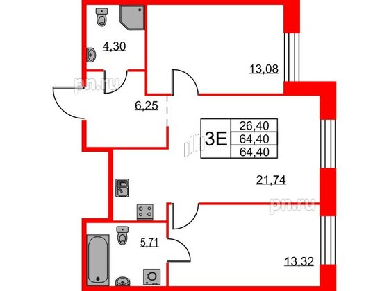 Квартира в ЖК ID Светлановский, 2 комнатная, 64.4 м², 2 этаж