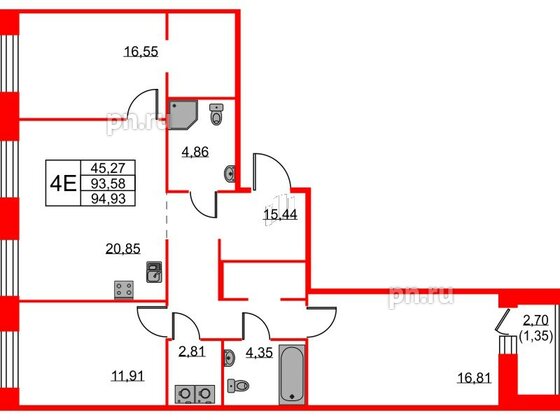 Квартира в ЖК ID Светлановский, 3 комнатная, 94.93 м², 2 этаж