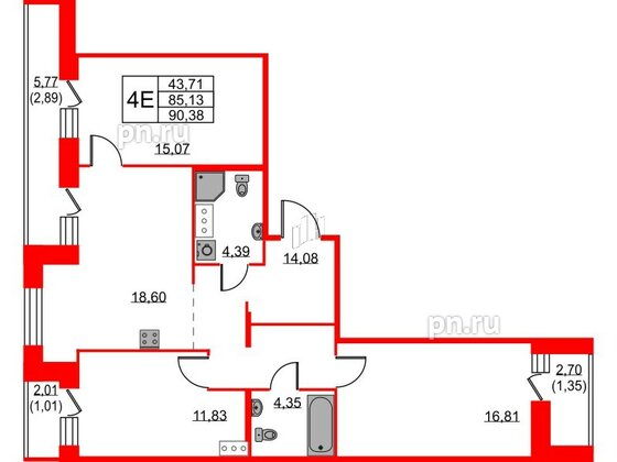 Квартира в ЖК ID Светлановский, 3 комнатная, 90.38 м², 12 этаж