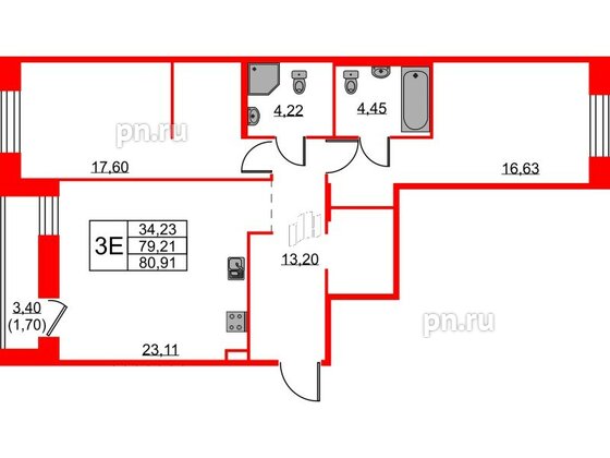 Квартира в ЖК ID Светлановский, 2 комнатная, 80.91 м², 2 этаж