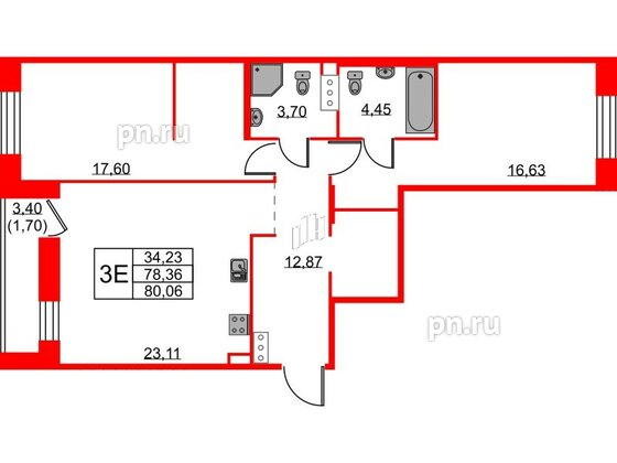 Квартира в ЖК ID Светлановский, 2 комнатная, 80.06 м², 5 этаж